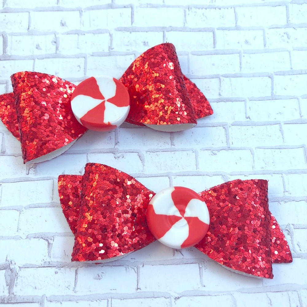 Red glitter peppermint Christmas hair bows clips